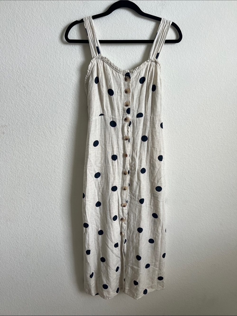 Polka Dot Button-Front Linen-Blend Maxi dress, oatmeal beige natural  Size M